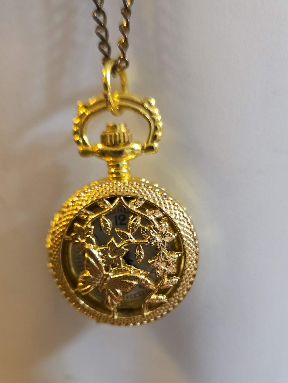 Gold Plated Floral Pocket Watch Pendant Necklace - Women's Accessory